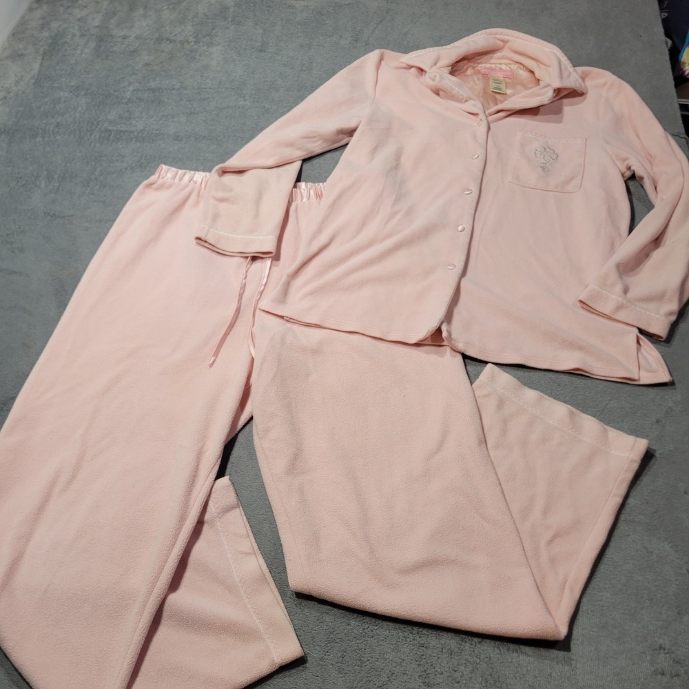 Rebecca Malone Pajama Set Womens Medium Pink Fleece Floral Embroidered Button Up